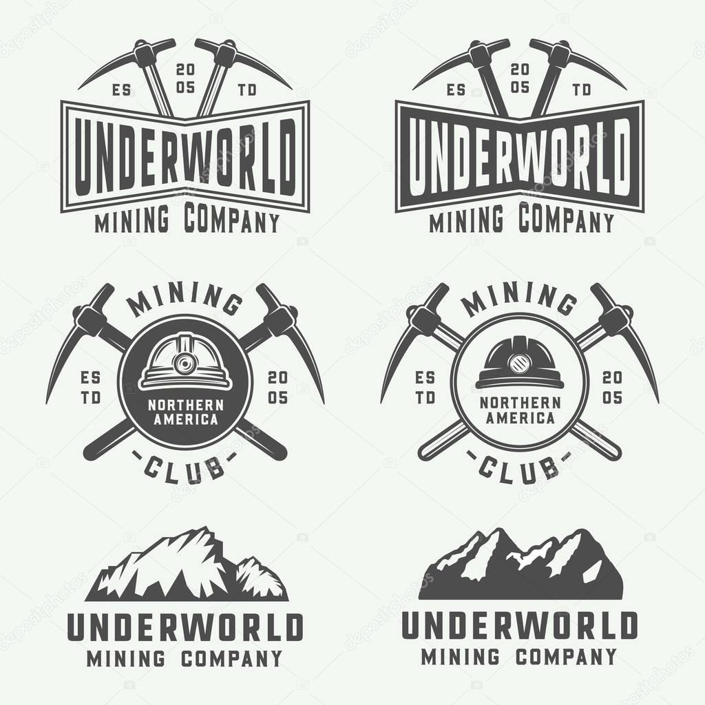 Set of retro mining or construction logos, badges, emblems and labels in vintage style. Monochrome Graphic Art. Vector Illustration.