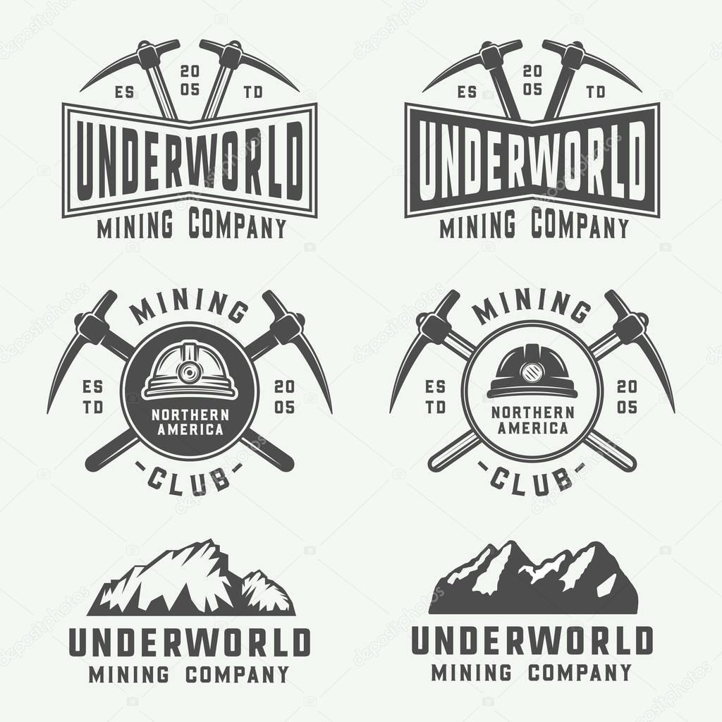 Set of retro mining or construction logos, badges, emblems 