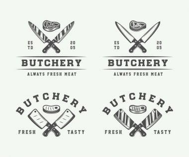 Dizi vintage kasaplık et, biftek ya da barbekü logolar, amblemler, rozet