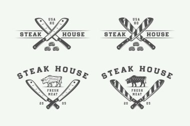 Dizi vintage kasaplık et, biftek ya da barbekü logolar, amblemler, rozet