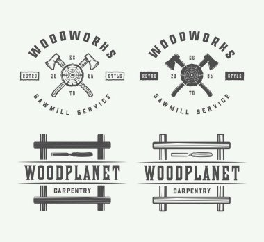 Dizi vintage doğrama, doğrama ve mekanik etiketleri, rozetleri