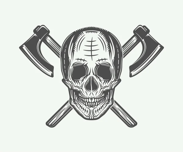 老式的维京人头骨标志，象征，复古风格的徽章 — 图库矢量图片