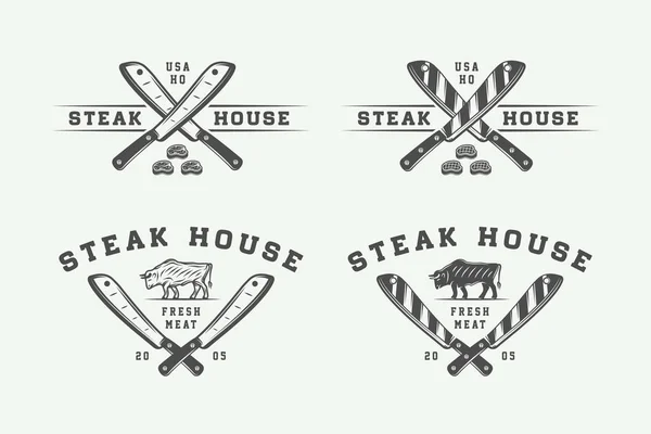 Conjunto de carnes de talho vintage, bifes ou logótipos de churrasco, emblemas, emblemas — Vetor de Stock