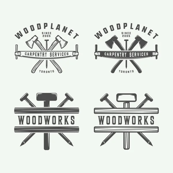 Set vintage timmerwerk, houtbewerking en monteur labels, badges — Stockvector