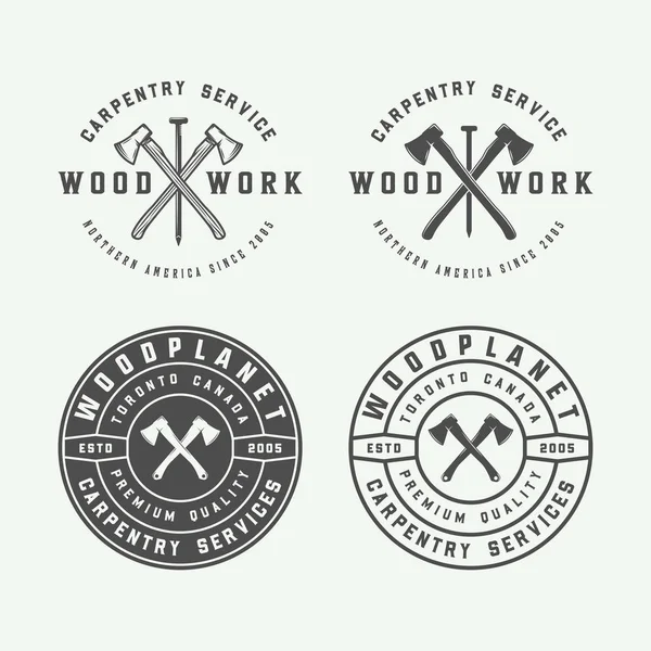 Set vintage timmerwerk, houtbewerking en monteur labels, badges — Stockvector