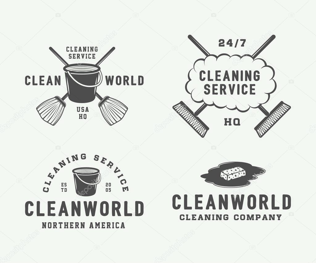 Set of retro cleaning logo badges, emblems and labels in vintage style. Monochrome Graphic Art. Vector Illustration.