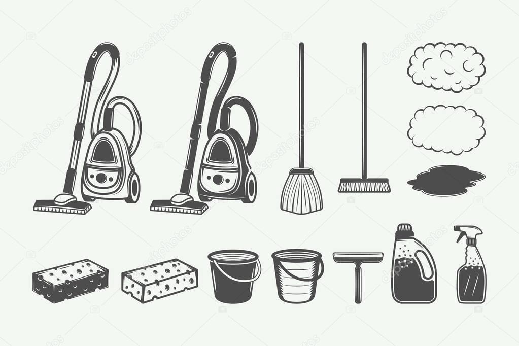 Set of retro cleaning design elements in vintage style. Monochrome Graphic Art. Vector Illustration.