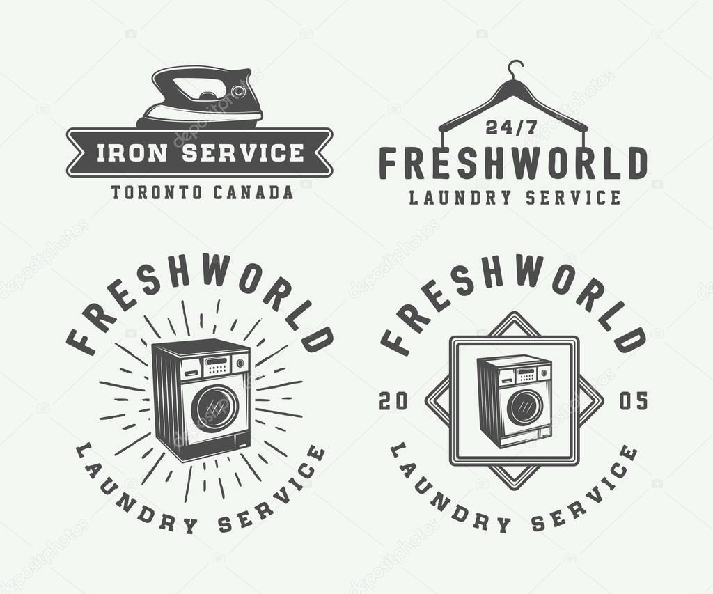 Set of vintage laundry, cleaning or iron service logos, emblems, badges and design elements. Monochrome Graphic Art. Vector Illustration.