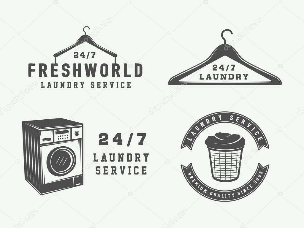 Set of vintage laundry, cleaning or iron service logos, emblems, badges and design elements. Monochrome Graphic Art. Vector Illustration.