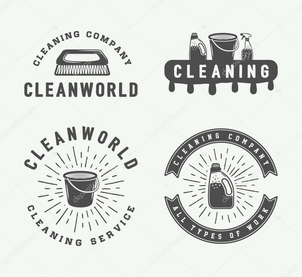 Set of retro cleaning logo badges, emblems and labels in vintage style. Monochrome Graphic Art. Vector Illustration.