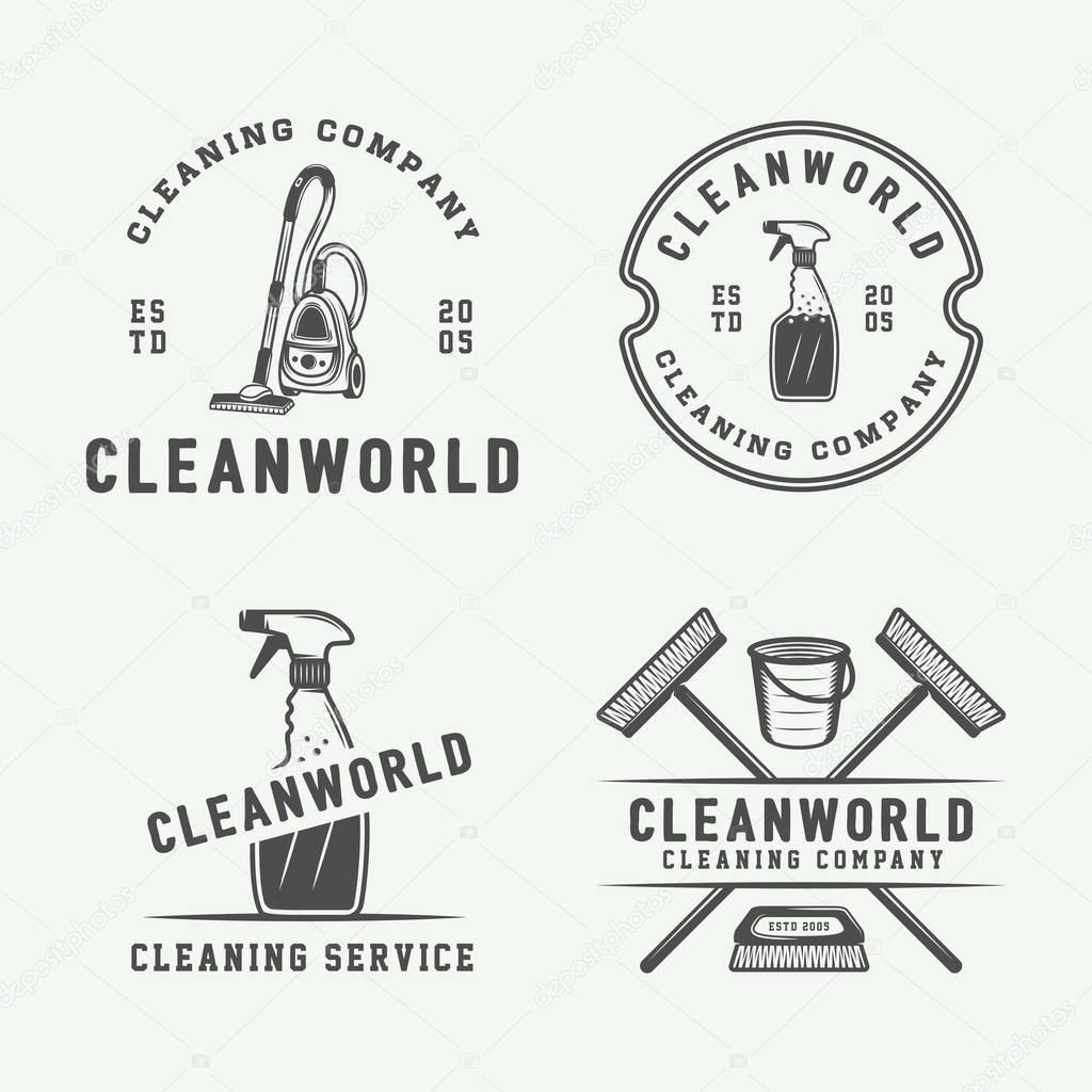 Set of retro cleaning logo badges, emblems and labels in vintage style. Monochrome Graphic Art. Vector Illustration.