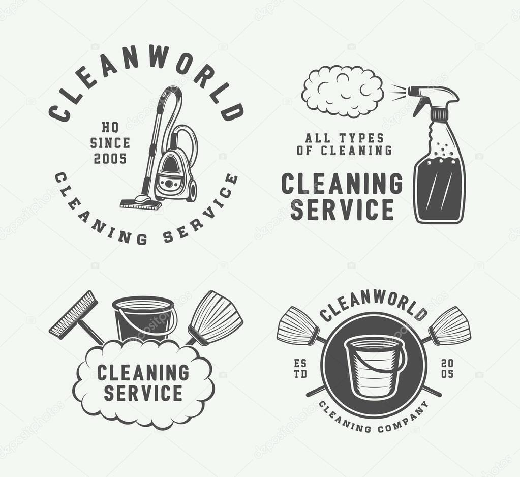 Set of retro cleaning logo badges, emblems and labels in vintage style. Monochrome Graphic Art. Vector Illustration.