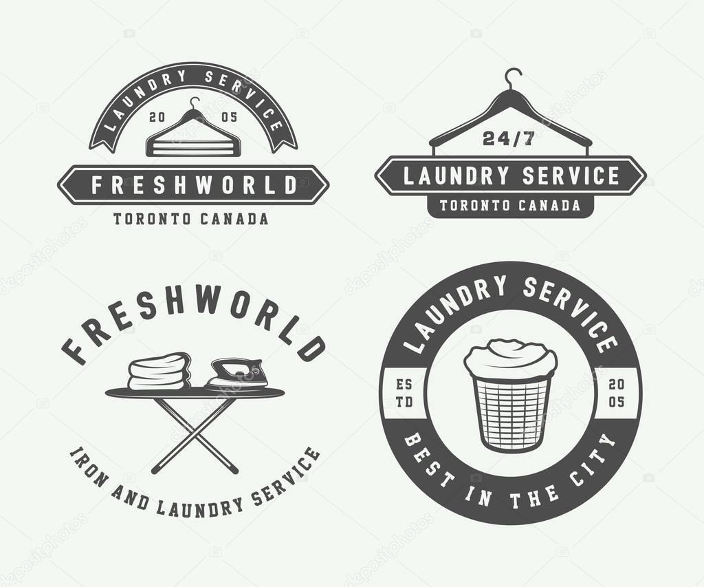 Set of vintage laundry, cleaning or iron service logos, emblems, badges and design elements. Monochrome Graphic Art. Vector Illustration.