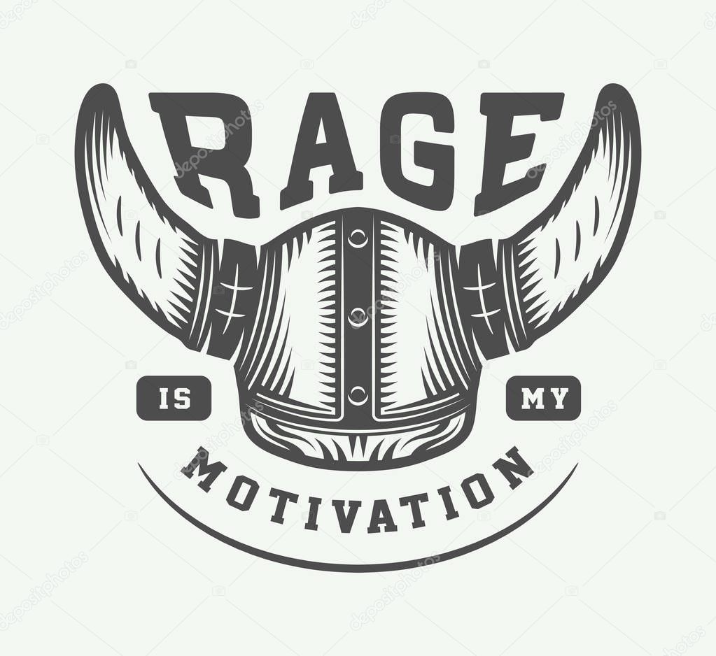 Vintage viking helm with motivational quote in retro style. Monochrome Graphic Art. Vector Illustration.