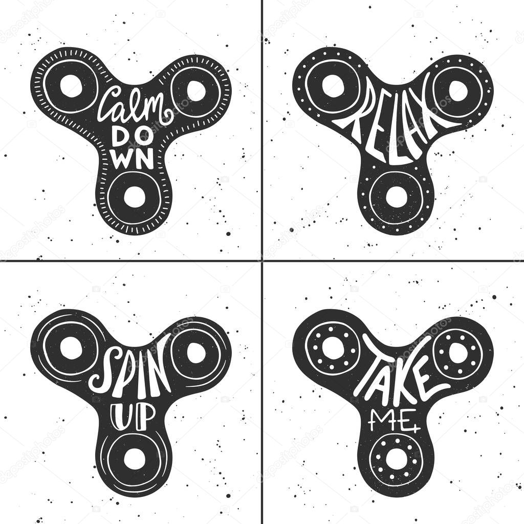 Set of spinners card with hand drawn unique typography design element for advertising, prints, decoration, posters. Relax, Calm down, Spin up, Take me. Handwritten lettering. Modern ink calligraphy.