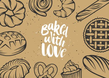 Vektör ekmek öğeleri ve el yazısı yazı kümesi. 