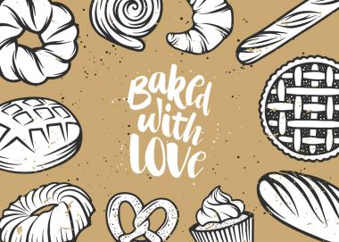 Vektör ekmek öğeleri ve el yazısı yazı kümesi.