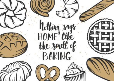 Vektör ekmek öğeleri ve el yazısı yazı kümesi. 