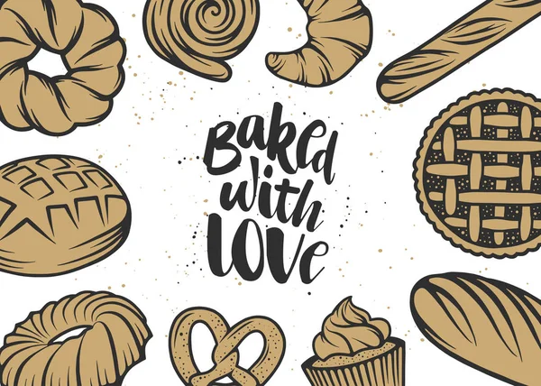 Vektör ekmek öğeleri ve el yazısı yazı kümesi. 