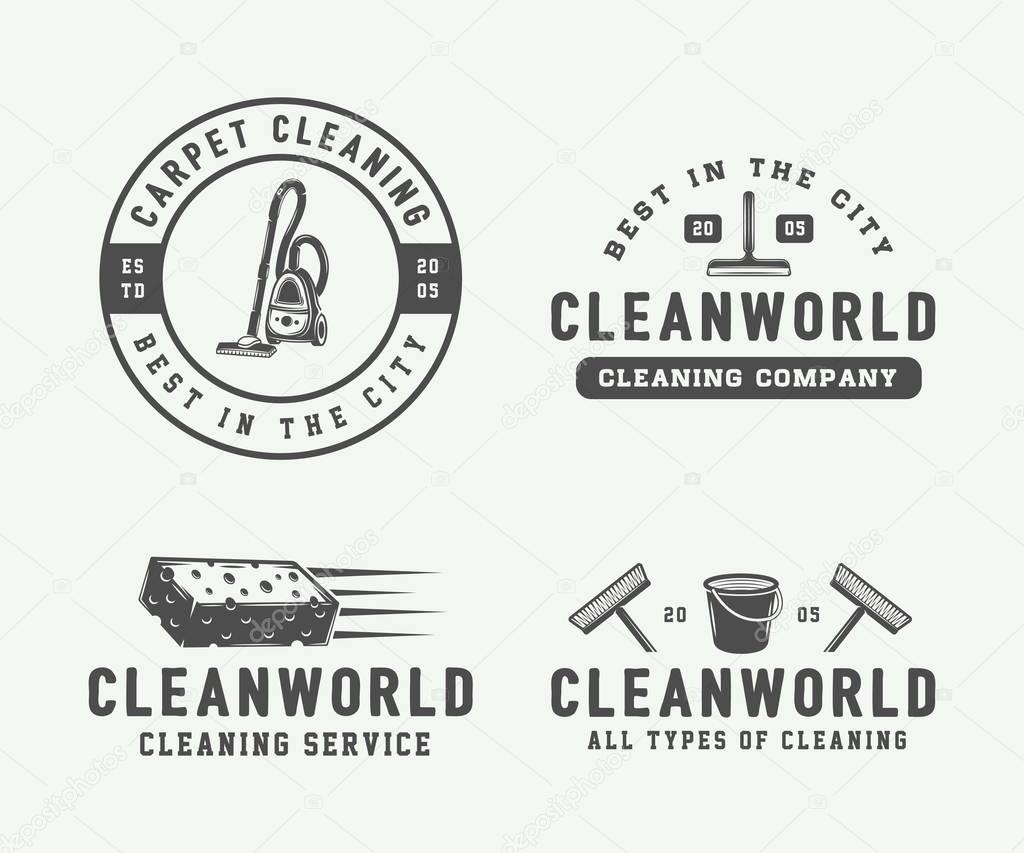 Set of retro cleaning logo badges, emblems and labels in vintage style. Monochrome Graphic Art. Vector Illustration.
