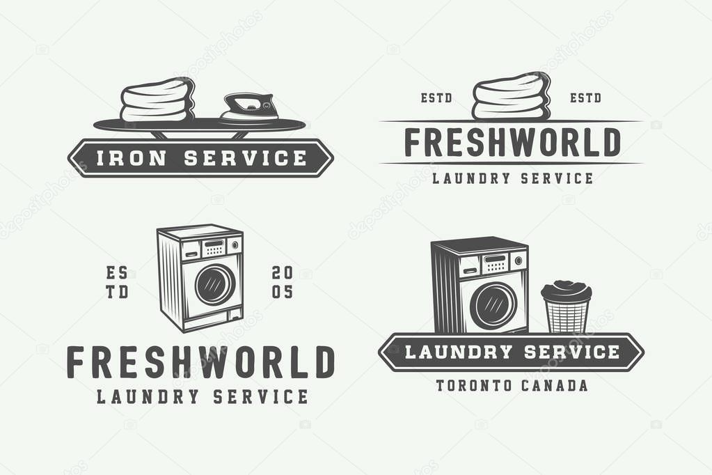 Set of vintage laundry, cleaning or iron service logos, emblems, badges and design elements. Monochrome Graphic Art. Vector Illustration.