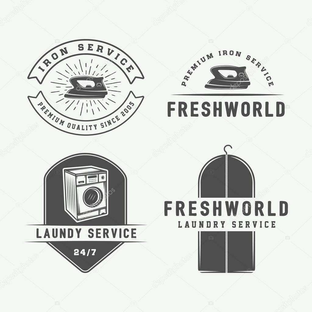 Set of vintage laundry, cleaning or iron service logos, emblems, badges and design elements. Monochrome Graphic Art. Vector Illustration.