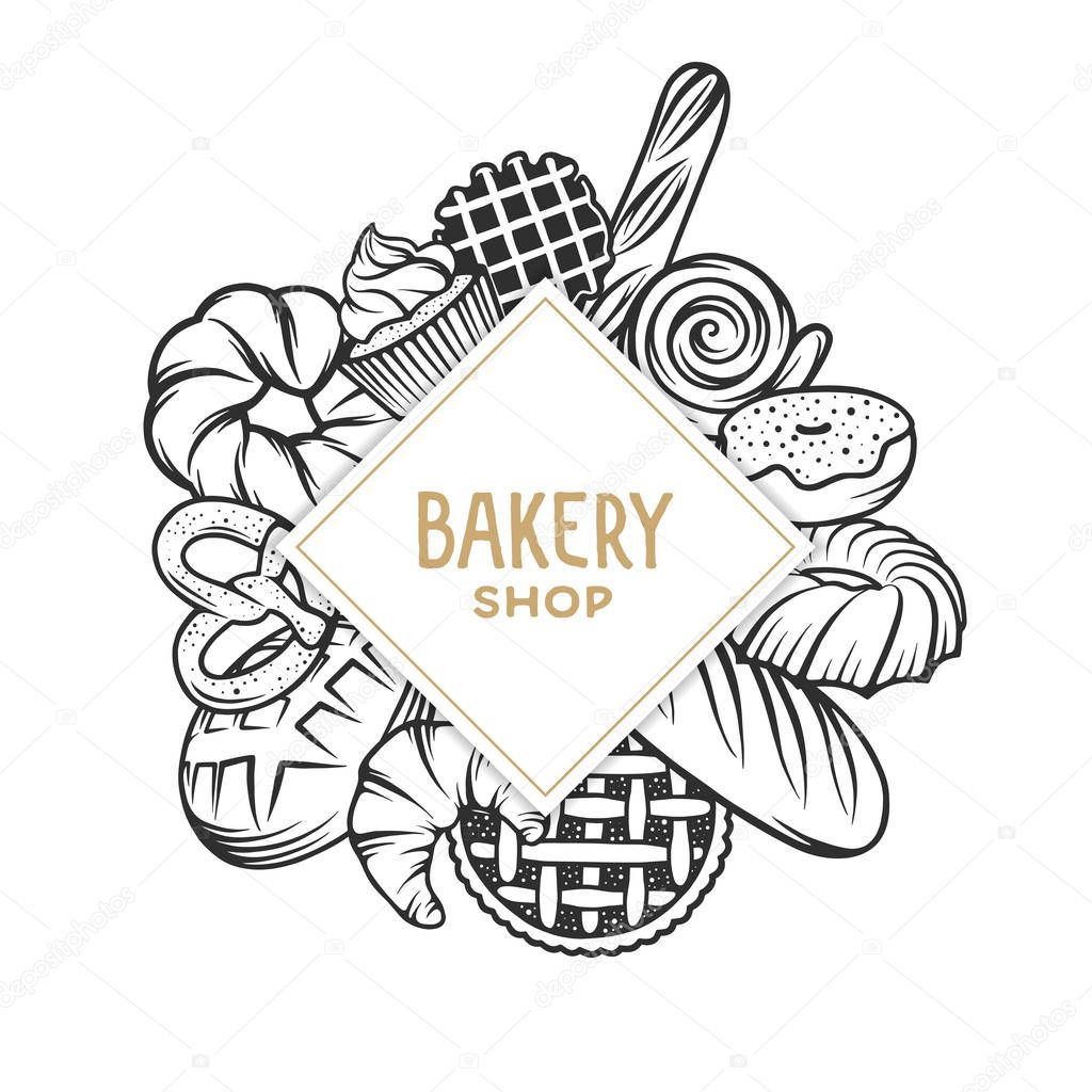 Set of vector bakery engraved elements. Typography design with bread, pastry, pie, buns, sweets, cupcake. Collection of modern linear graphic design template. Bakery shop. Top view composition.