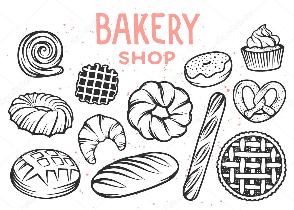 Set of vector bakery engraved elements. Typography design