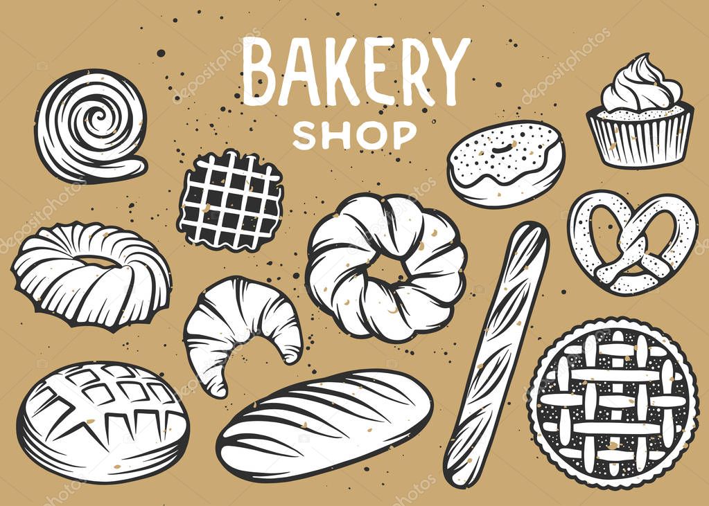 Set of vector bakery engraved elements. Typography design with bread, pastry, pie, buns, sweets, cupcake. Collection of modern linear graphic on white background. Bakery shop. Top view.