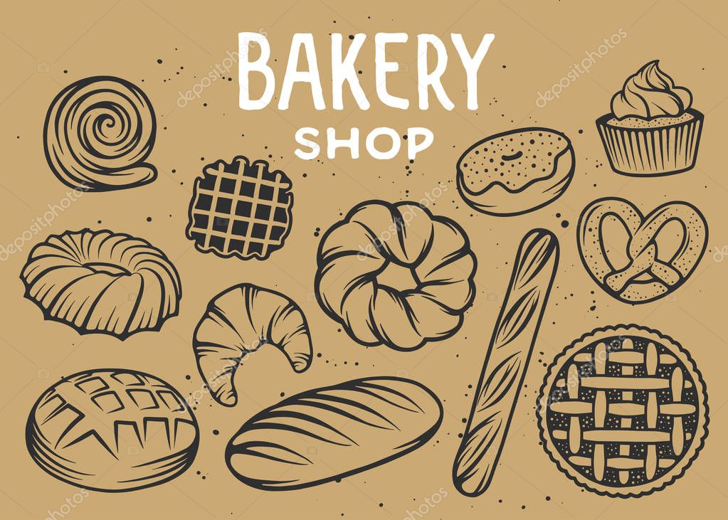 Set of vector bakery engraved elements. Typography design with bread, pastry, pie, buns, sweets, cupcake. Collection of modern linear graphic, food hand drawn sketch. Bakery shop. Top view.