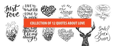 Romantik ve aşk vektör kümesi el çekilmiş benzersiz tipografi 