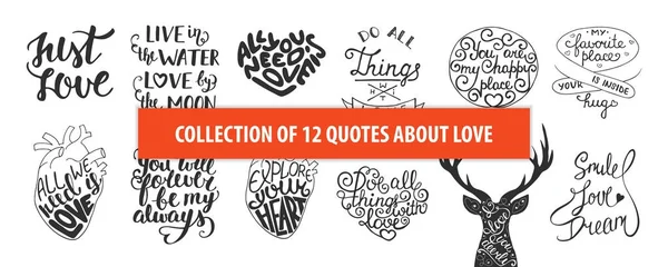 Romantik ve aşk vektör kümesi el çekilmiş benzersiz tipografi 