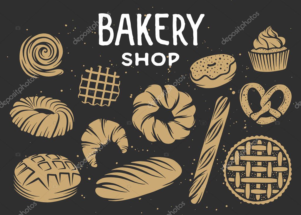Set of bakery vector engraved elements. Typography design with bread, pastry, pie, buns, sweets, cupcake. Collection of modern linear graphic, food hand drawn sketch. Bakery shop. Top view.