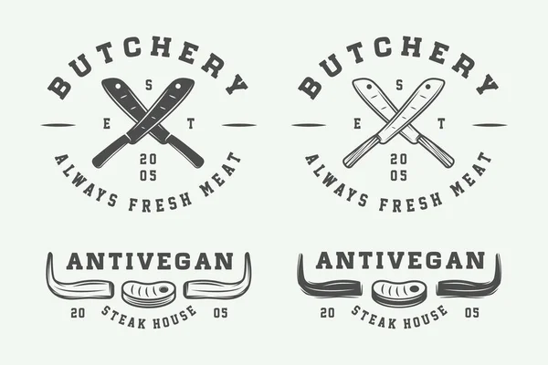 Набір вінтажного м'ясного м'яса, стейк або логотипи барбекю, емблеми, значок — стоковий вектор