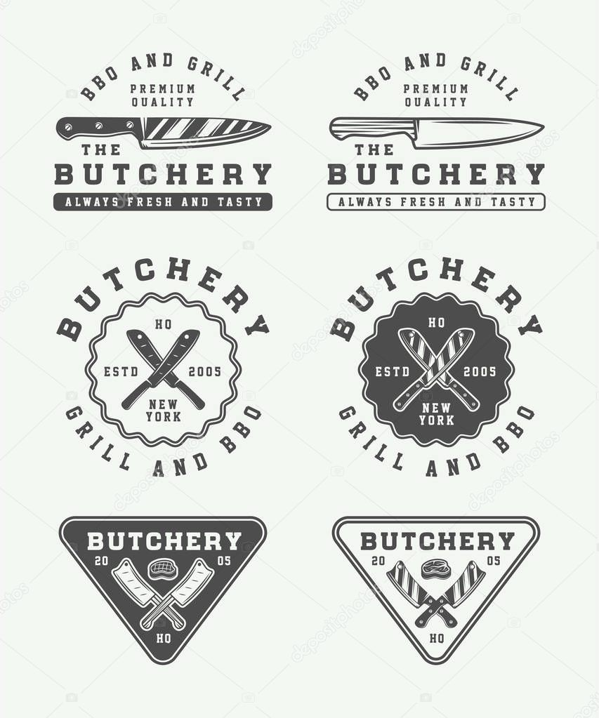 Set of vintage butchery meat, steak or bbq logos, emblems, badges, labels. Graphic Art. Vector Illustration.