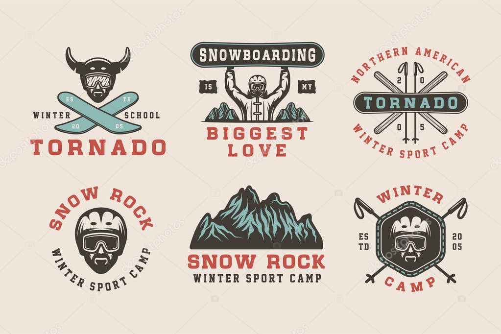 Set of vintage snowboarding, ski or winter sports logos, badges, emblems and design elements. Vector illustration. Monochrome Graphic Art.
