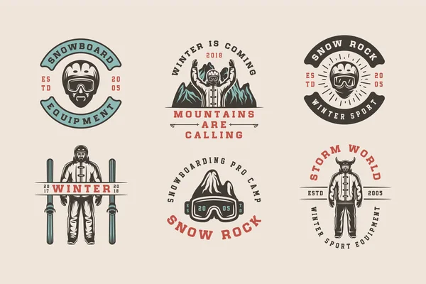 Sor vintage snowboard, sí, vagy téli sportok emblémák, jelvények — Stock Vector