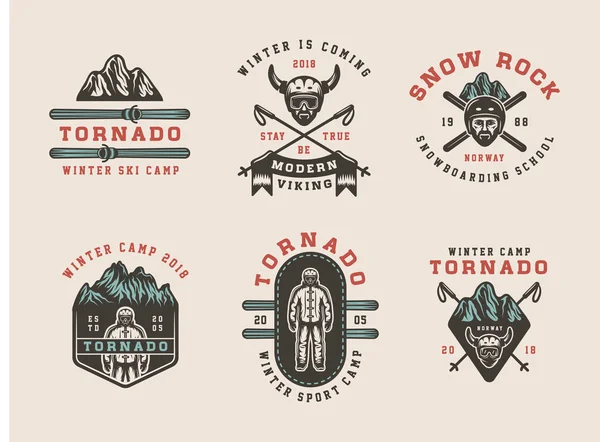 Conjunto de logotipos de snowboard vintage, esquí o deportes de invierno, insignias — Vector de stock