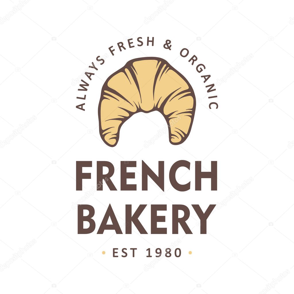 Vintage style bakery shop label, badge, emblem, logo. Vector illustration. Colorful graphic art with engraved design element. Collection of linear graphic on white background.