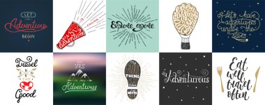 Küme macera ve seyahat vektör elle çizilmiş benzersiz tipografi tebrik kartları, Dekorasyon, şablon, baskı, afiş ve posterler.