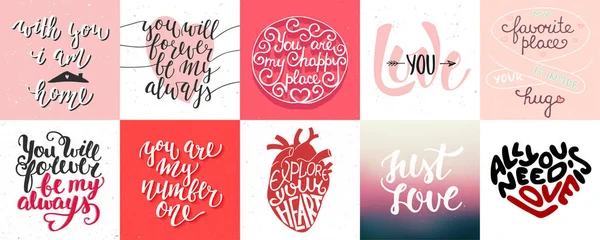 Zestaw romantic i miłość wektor ręka ciągnione unikatowej typografii projekt element dla karty z pozdrowieniami, ozdoba, wydruki i plakaty. — Wektor stockowy