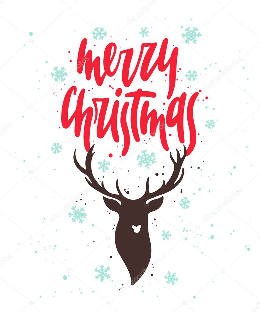 Merry Christmas with deer. Handwritten lettering. Modern ink calligraphy.