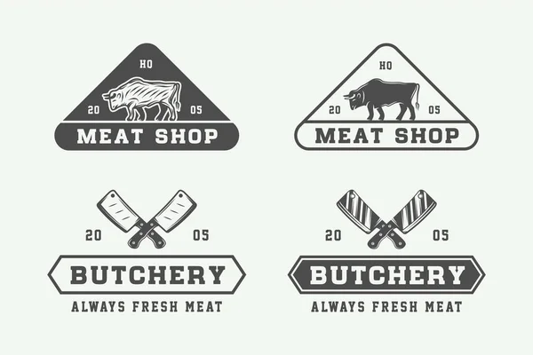 Conjunto de carnicería vintage, logotipos, emblemas, insignias de carne o barbacoa — Vector de stock