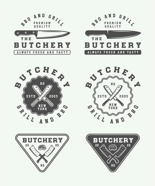 Ensemble de logos, emblèmes, badges de boucherie vintage, steak ou bbq — Image vectorielle