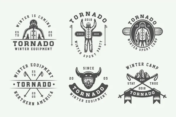 Set of vintage snowboarding, ski or winter sports logos, badges — Stock Vector