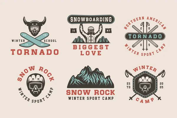 Conjunto de logotipos de snowboard vintage, esquí o deportes de invierno, insignias — Vector de stock