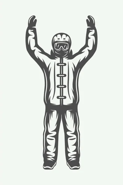 Vintage winter sportman in ski pak. Zwart-wit grafische kunst. — Stockvector