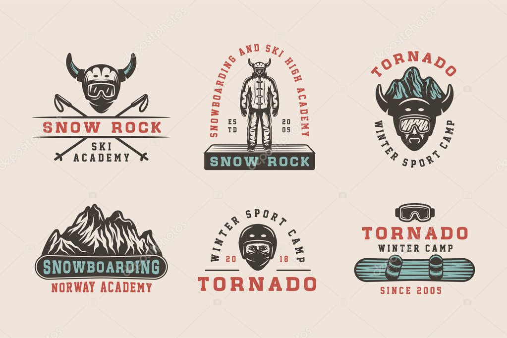 Set of vintage snowboarding, ski or winter sports logos, badges, emblems and design elements. Vector illustration. Monochrome Graphic Art.