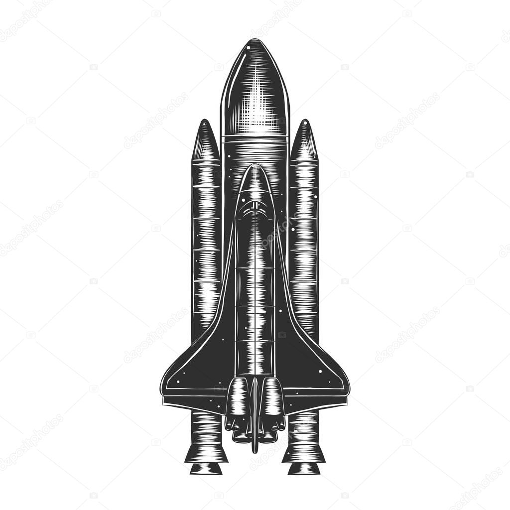 Vector engraved style illustration for posters, decoration and print. Hand drawn sketch of spaceship in monochrome isolated on white background. Detailed vintage woodcut style drawing.