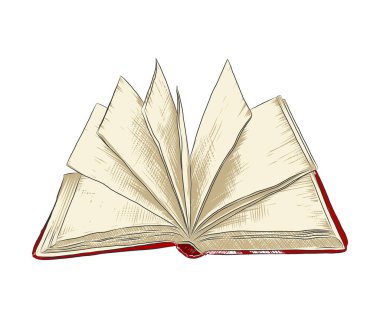 Beyaz arka planda renkli izole edilmiş açık bir kitabın el çizimi. Ayrıntılı vintage ahşap biçimi çizimi. 